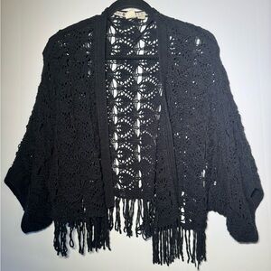 Roxy Black Fringe Crochet Poncho/Shrug Y2K